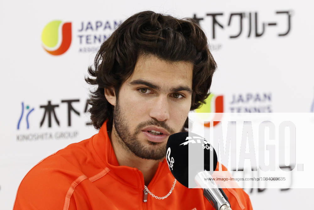 Carlos Alcaraz (Spain) speaks during a press conference, PK, Pressekonferenz after winning the Round of 16 match against Matteo Arnaldi (Italy) at the Kinoshita Group Japan Open Tennis Championships at Ariake Colosseum in Tokyo. The tournament runs from September 29 to October 6. Alcaraz won 7-6(6), 6-1. Tokyo Japan - ZUMAm191 20261003_aap_m191_068