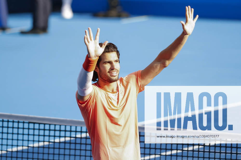 Carlos Alcaraz (Spain) celebrates after winning against Matteo Arnaldi (Italy) during their Round of 16 match at the Kinoshita Group Japan Open Tennis Championships at Ariake Colosseum in Tokyo. The tournament runs from September 29 to October 6. Alcaraz won 7-6(6), 6-1. Tokyo Japan - ZUMAm191 20261003_aap_m191_077