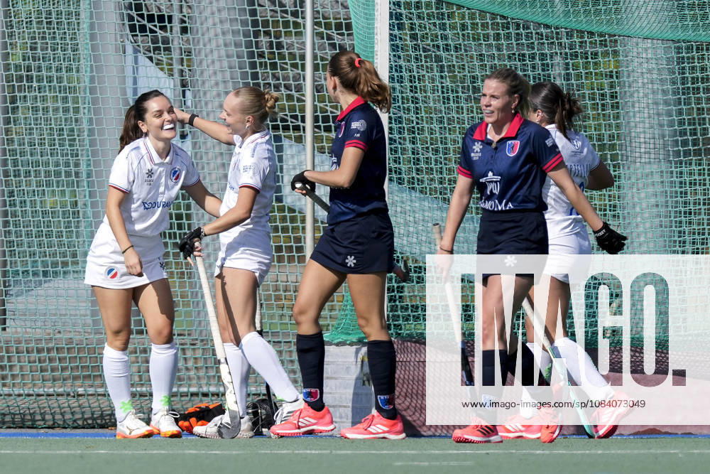V.li.: Torschützin Fiona Felber (MHC, 6), Hannah Reichert (MHC, 22), Spielerinnen vom Mannheimer HC (MHC), jubeln über das Tor zum 1:0, Jubel, Torjubel, Torerfolg, celebrate the goal, goal, celebration, jubelt ueber das Tor, Freuen, Freude, freut sich, optimistisch, positiv, Spielszene, Highlight, Action, Aktion, 03.10.2026, Mannheim (Deutschland), Hockey, 1. Bundesliga, Damen, Mannheimer HC - Berliner HC