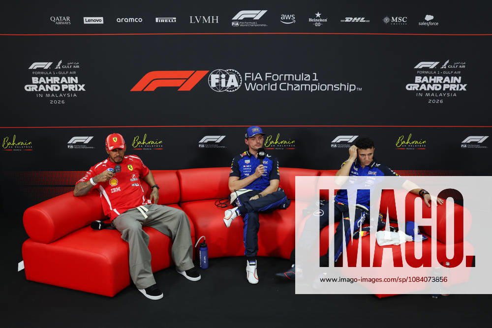F1 - BAHRAIN GRAND PRIX IN MALAYSIA 2026 press conference, PK, Pressekonferenz HAMILTON Lewis (gbr), Scuderia Ferrari SF-26, VERSTAPPEN Max (nld), Red Bull Racing Ford RB22, HADJAR Isack (fra), Red Bull Racing Ford RB22, portrait during the 2026 Formula 1 Bahrain Grand Prix in Malaysia, 16th round of the 2026 Formula One World Championship, WM, Weltmeisterschaft from October 2 to 4, 2026 on the Sepang International Circuit, in Sepang, Malaysia - SepangMalaysia