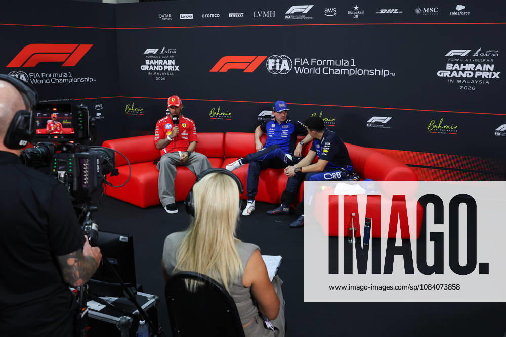 F1 - BAHRAIN GRAND PRIX IN MALAYSIA 2026 BROOKES Rachel, press conference, PK, Pressekonferenz HAMILTON Lewis (gbr), Scuderia Ferrari SF-26, VERSTAPPEN Max (nld), Red Bull Racing Ford RB22, HADJAR Isack (fra), Red Bull Racing Ford RB22, portrait during the 2026 Formula 1 Bahrain Grand Prix in Malaysia, 16th round of the 2026 Formula One World Championship, WM, Weltmeisterschaft from October 2 to 4, 2026 on the Sepang International Circuit, in Sepang, Malaysia - SepangMalaysia