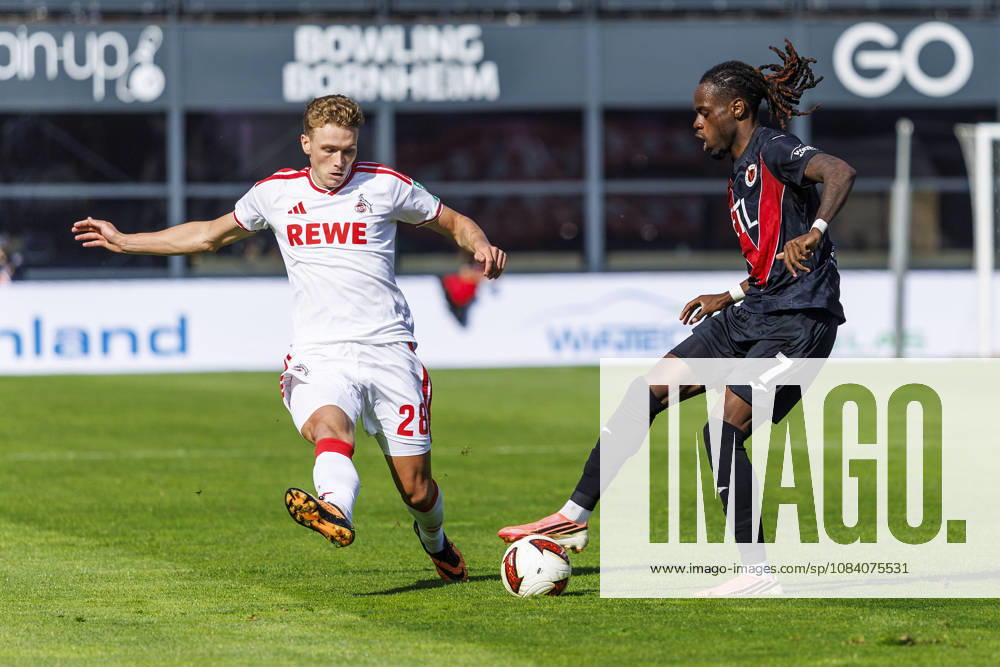 Sebastian Sebulonsen (1. FC Köln, 28) and Yannick Tonye (FC Viktoria Köln, 7) during the friendly match between FC Viktoria Köln vs. 1. FC Köln at the Sportpark Hoehenberg on October 3, 2026 in Koeln, Germany. DFL REGULATIONS PROHIBIT ANY USE OF PHOTOGRAPHS AS IMAGE SEQUENCES AND OR QUASI-VIDEO. Nordrhein-Westfalen Germany