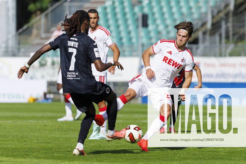 Yannick Tonye (FC Viktoria Köln, 7) and Jan Thielmann (1. FC Köln, 29) during the friendly match between FC Viktoria Köln vs. 1. FC Köln at the Sportpark Hoehenberg on October 3, 2026 in Koeln, Germany. DFL REGULATIONS PROHIBIT ANY USE OF PHOTOGRAPHS AS IMAGE SEQUENCES AND OR QUASI-VIDEO. Nordrhein-Westfalen Germany
