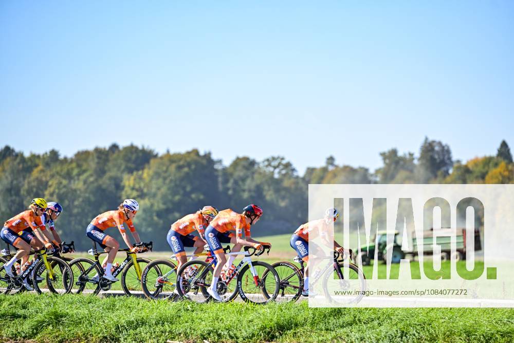 Dutch riders pictured in front of the peloton during the elite women Road Race race (130 km) at the cycling UEC Road European Championships, in Ljubljana, Slovenia Saturday 3 October 2026. The UEC Road European Championships are taking place from 02 to 07 October in Ljubljana, Slovenia. DAVIDxPINTENS x188613300x