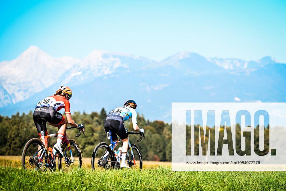 Belgium s Margot Vanpachtenbeke and Austria s Carina Schrempf are pictured in action during the elite women Road Race race (130 km) at the cycling UEC Road European Championships, in Ljubljana, Slovenia Saturday 3 October 2026. The UEC Road European Championships are taking place from 02 to 07 October in Ljubljana, Slovenia. DAVIDxPINTENS x188613305x