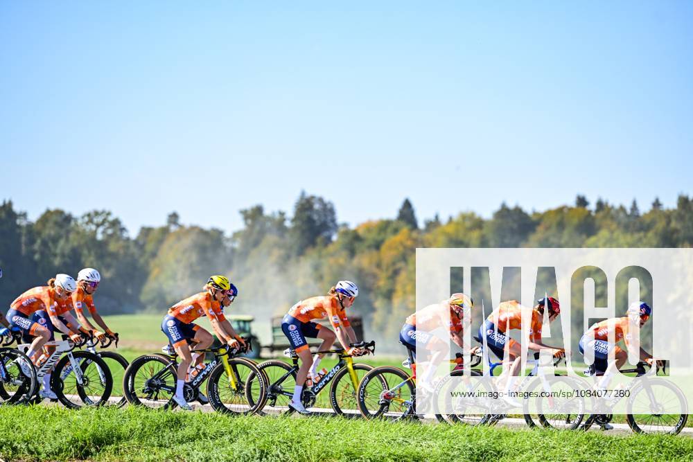 Dutch riders pictured in front of the peloton during the elite women Road Race race (130 km) at the cycling UEC Road European Championships, in Ljubljana, Slovenia Saturday 3 October 2026. The UEC Road European Championships are taking place from 02 to 07 October in Ljubljana, Slovenia. DAVIDxPINTENS x188613306x