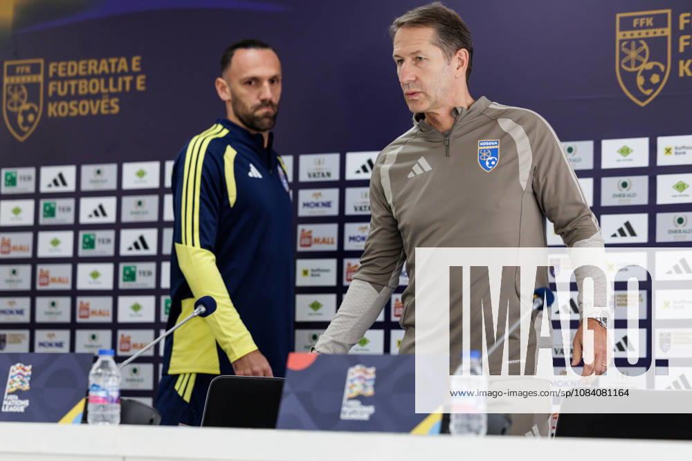 SOCCER - NL, KOS vs AUT PRISTINA,KOSOVO,03.OCT.26 - SOCCER - UEFA Nations League, OEFB international match, Länderspiel, Nationalmannschaft Kosovo vs Austria, preview, press conference, PK, Pressekonferenz team KOS. Image shows Vedat Muriqk and head coach Franco Foda (KOS). GEPAxpictures Rauthner