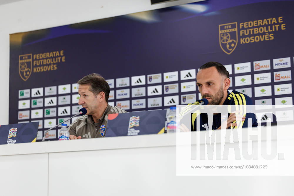SOCCER - NL, KOS vs AUT PRISTINA,KOSOVO,03.OCT.26 - SOCCER - UEFA Nations League, OEFB international match, Länderspiel, Nationalmannschaft Kosovo vs Austria, preview, press conference, PK, Pressekonferenz team KOS. Image shows head coach Franco Foda and Dion Kacuri (KOS). GEPAxpictures Rauthner