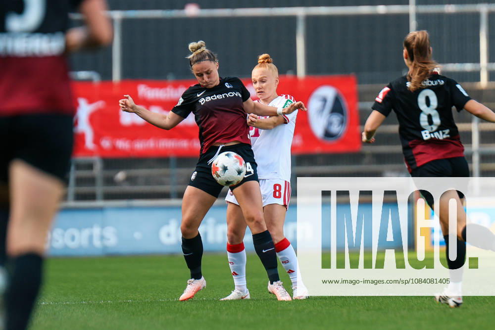 Google Pixel Frauen-Bundesliga: 1. FC Köln - SC Freiburg; 03.10.2026. Carina Brunold (SC Freiburg, 14) im Zweikampf mit Laura Vogt (1. FC Köln, 8) Google Pixel Frauen-Bundesliga: 1. FC Köln - SC Freiburg; Köln, Franz-Kremer-Stadion; 03.10.2026. DFB REGULATIONS PROHIBIT ANY USE OF PHOTOGRAPHS AS IMAGE SEQUENCES AND OR QUASI-VIDEO.