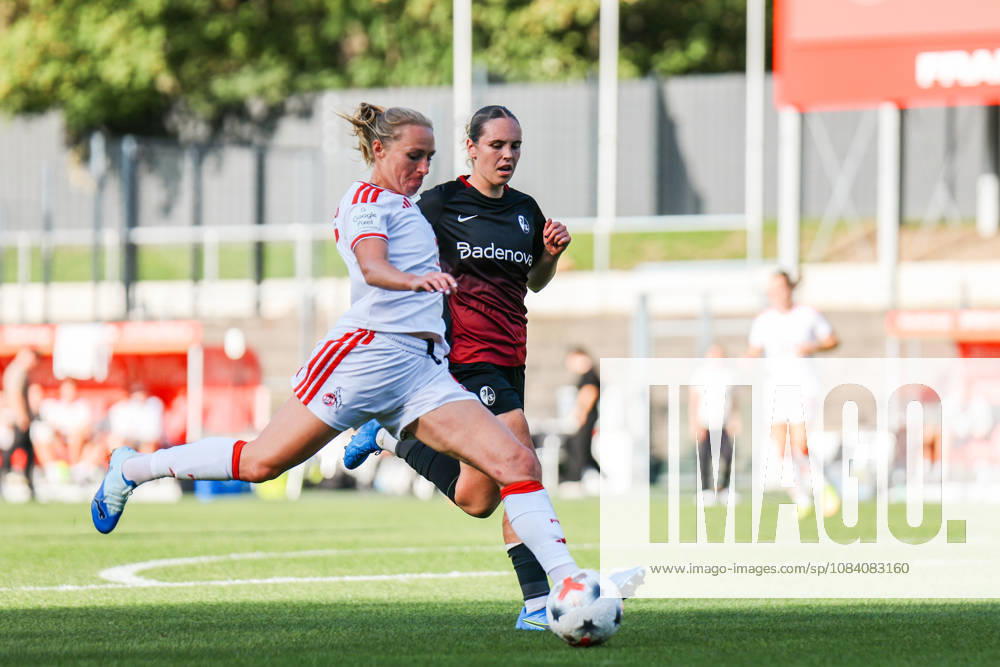 Google Pixel Frauen-Bundesliga: 1. FC Köln - SC Freiburg; 03.10.2026. Pauline Bremer (1. FC Köln, 9) im Zweikampf mit Alina Axtmann (SC Freiburg, 3) Google Pixel Frauen-Bundesliga: 1. FC Köln - SC Freiburg; Köln, Franz-Kremer-Stadion; 03.10.2026. DFB REGULATIONS PROHIBIT ANY USE OF PHOTOGRAPHS AS IMAGE SEQUENCES AND OR QUASI-VIDEO.