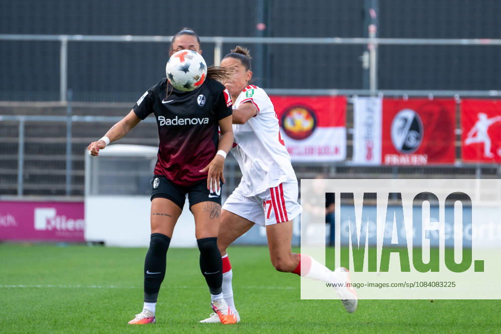 Deutschland: Google Pixel Frauen-Bundesliga 2026 2027, 6.Spieltag, 1.FC Köln vs SC Freiburg, Samstag, 03.10.2026, Franz-Kremer-Stadion (Köln-Westfalen): Selina Vobian (SC Freiburg, 10) Zweikampf, Spielszene, Duell, duel, tackle, tackling, Dynamik, Action, Aktion gegen Beke Sterner (1.FC Köln, 37) Köln Franz-Kremer-Stadion, Köln Deutschland