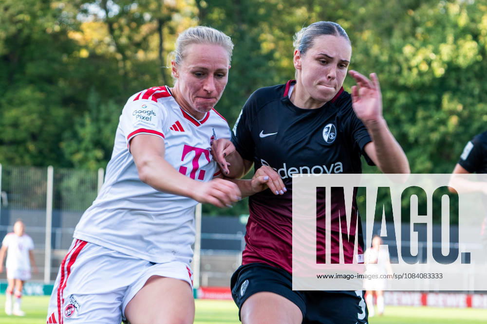 Deutschland: Google Pixel Frauen-Bundesliga 2026 2027, 6.Spieltag, 1.FC Köln vs SC Freiburg, Samstag, 03.10.2026, Franz-Kremer-Stadion (Köln-Westfalen): Pauline Bremer (1.FC Köln, 9) Zweikampf, Spielszene, Duell, duel, tackle, tackling, Dynamik, Action, Aktion gegen Alina Axtmann (SC Freiburg ,3) Köln Franz-Kremer-Stadion, Köln Deutschland