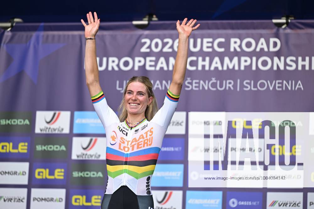 Netherlands Demi Vollering celebrates on the podium as she won the elite women Road Race race (130 km) at the cycling UEC Road European Championships, in Ljubljana, Slovenia Saturday 3 October 2026. The UEC Road European Championships are taking place from 02 to 07 October in Ljubljana, Slovenia. DAVIDxPINTENS x0868474585stx