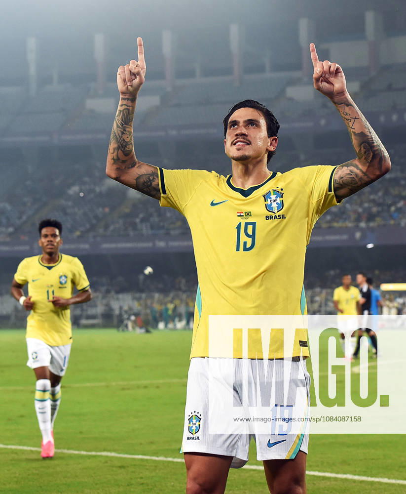 International Friendly, Länderspiel, Nationalmannschaft football match between India and Brazil Kolkata, Oct 03 (ANI): Brazil footballer Pedro celebrates after scoring a goal during the international friendly football match between India and Brazil at Salt Lake Stadium, in Kolkata on Saturday. Kolkata West Bengal India