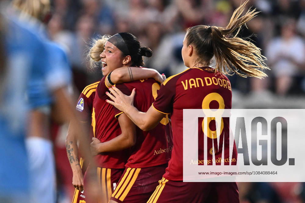 IPA89264948 - Maya Loren Doms of A.S. Roma Femminile celebrates after scoring the goal that made it 1-0 during the Serie A Women Athora match on Matchday 2 between A.S. Roma and S.S. Lazio Women at the Tre Fontane Stadium on October 3, 2026, in Rome, Italy.