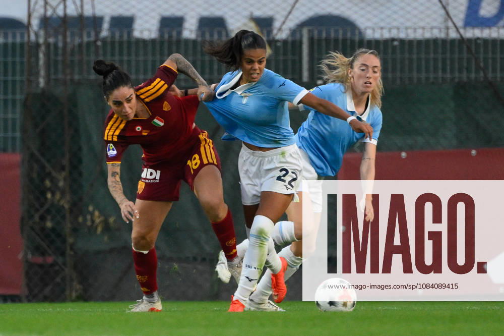 IPA89265739 - AS Roma s Martina Piemonte battles for the ball with Lazio Women s Carola Zannini during the Italian Women s Serie A Athora 2026 2027 league match between AS Roma Women and SS Lazio Women at the Tre Fontane Stadium on October 3, 2026.