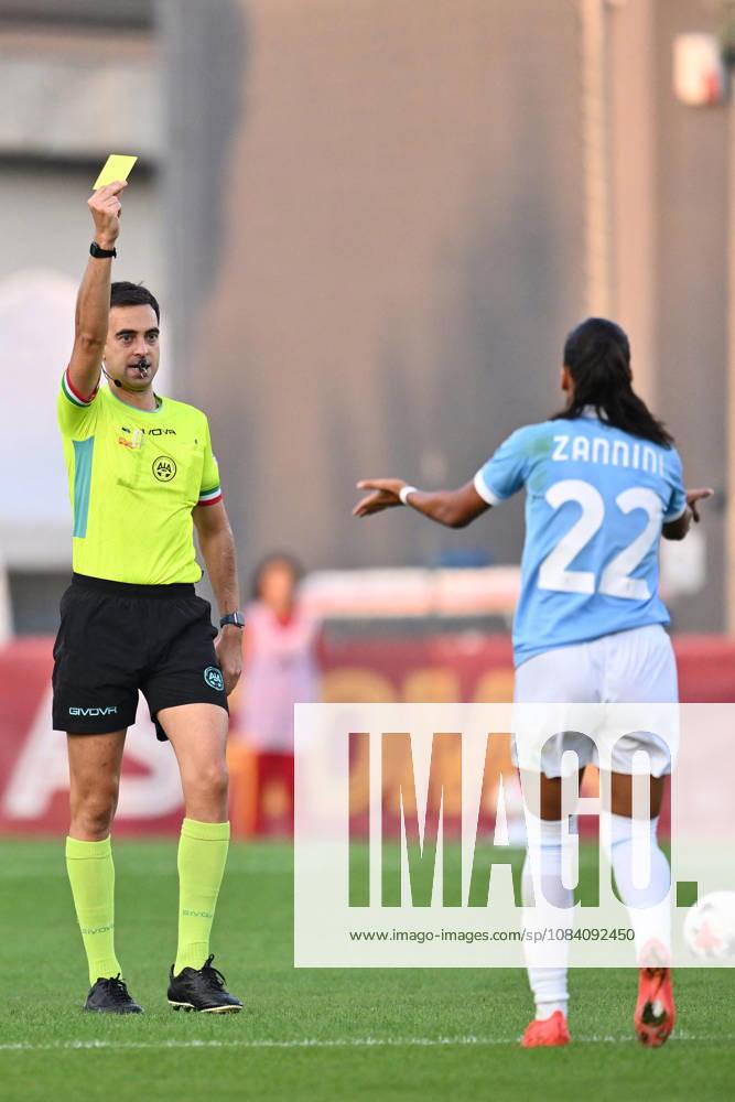SOCCER - Women s Serie A - AS Roma vs. SS Lazio Women Photo by IPA ABACAPRESS.COM89266457 - Referee Flavio Barbetti cautions Carola Zannini of S.S. Lazio Women during the Serie A Women Athora match on Matchday 2 between A.S. Roman and S.S. Lazio Women at the Tre Fontane Stadium on October 3, 2026, in Rome, Italy. Rome Italy