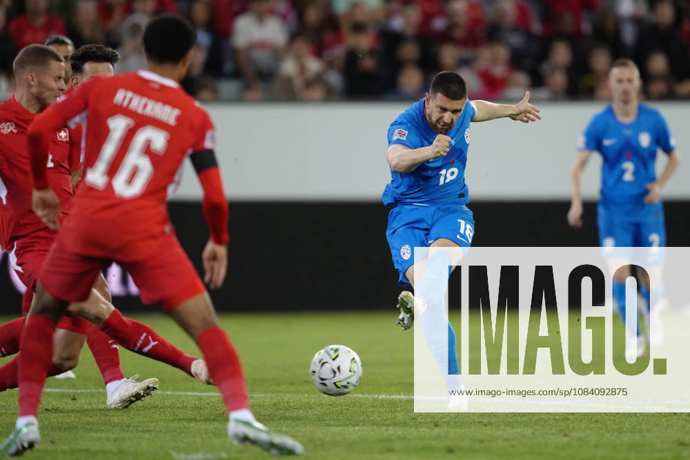 Zan Vipotnik (18 SLO) scored the first goal during the UEFA Nations League match between Switzerland and Slovenia at thermoplan arena on October 03, 2026 in Luzern, Switzerland.