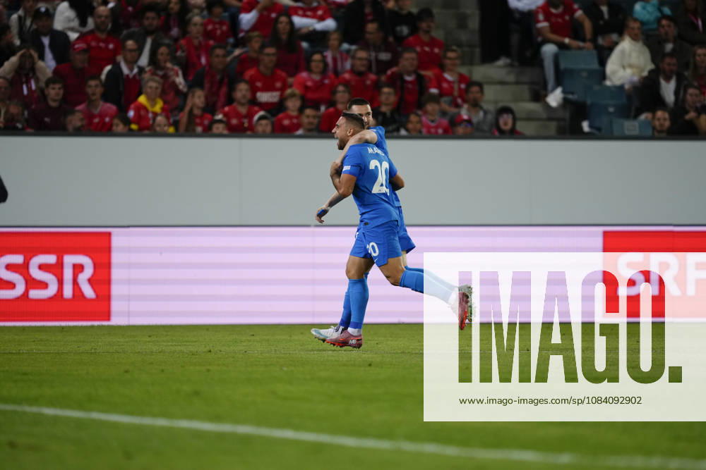 Zan Vipotnik (18 SLO) celebrates hist goal with Aljosa Matko (20 SLO) during the UEFA Nations League match between Switzerland and Slovenia at thermoplan arena on October 03, 2026 in Luzern, Switzerland.