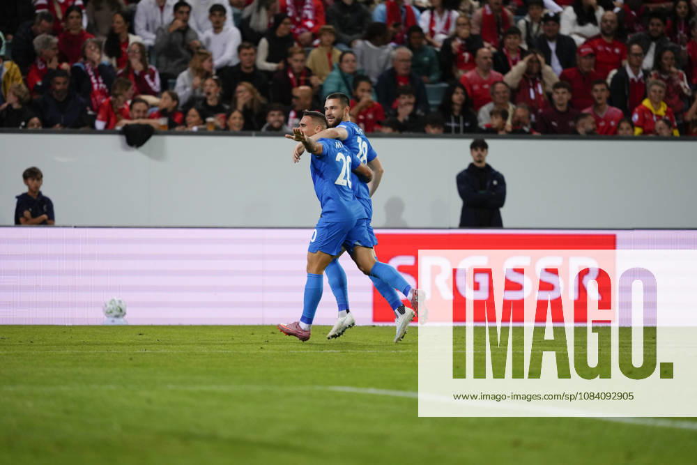 Zan Vipotnik (18 SLO) celebrates hist goal with Aljosa Matko (20 SLO) during the UEFA Nations League match between Switzerland and Slovenia at thermoplan arena on October 03, 2026 in Luzern, Switzerland.