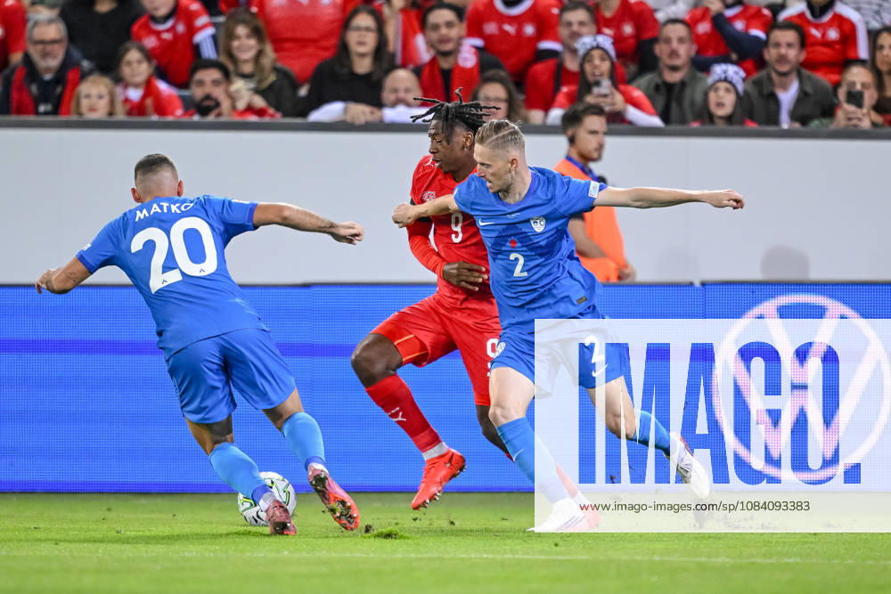 Aljosa Matko (Slovenia), Johan Manzambi (Switzerland) and Zan Karnicnik (Slovenia) battle for the ball during the UEFA Nations League 2026 27 group phase match between Switzerland and Slovenia at Luzern Arena on October 3, 2026 in Lucerne, Switzerland. (Photo by Harry Langer DeFodi Images) -