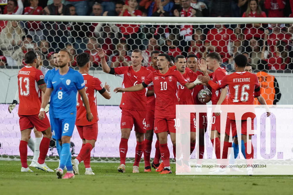 Team Switzerland celebrates the goal scored by Erik Janza (13 SLO) (own goal) during the UEFA Nations League match between Switzerland and Slovenia at thermoplan arena on October 03, 2026 in Luzern, Switzerland.