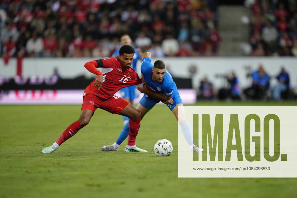 Zachary Athekame (16 SUI) against Danijel Sturm (15 SLO) during the UEFA Nations League match between Switzerland and Slovenia at thermoplan arena on October 03, 2026 in Luzern, Switzerland.