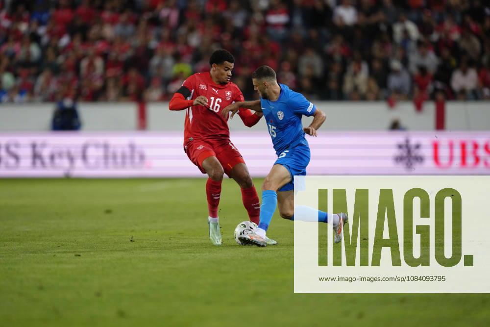Zachary Athekame (16 SUI) against Danijel Sturm (15 SLO) during the UEFA Nations League match between Switzerland and Slovenia at thermoplan arena on October 03, 2026 in Luzern, Switzerland.