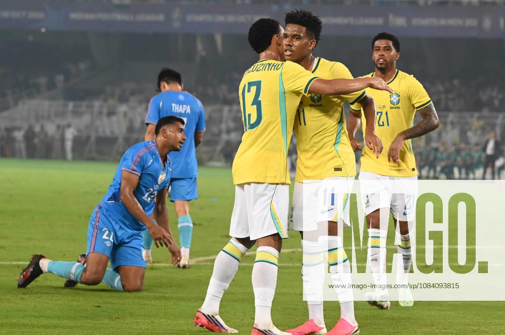 Estevao of Brazil celebrates a goal during FIFA International Friendly, Länderspiel, Nationalmannschaft match against India at Vivekananda Yuva Bharati Stadium on October 3, 2026 in Kolkata, India. (Photo by Samir Jana Hindustan Times ) Kolkata: FIFA International Friendly Match Between Brazil And India At Vivekananda Yuva Bharati Stadium