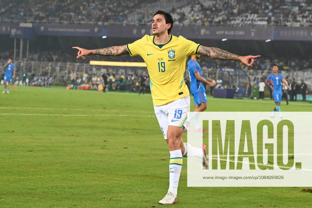 Pedro of Brazil celbraes a goal during FIFA International Friendly, Länderspiel, Nationalmannschaft match against India at Vivekananda Yuva Bharati Stadium on October 3, 2026 in Kolkata, India. (Photo by Samir Jana Hindustan Times ) Kolkata: FIFA International Friendly Match Between Brazil And India At Vivekananda Yuva Bharati Stadium