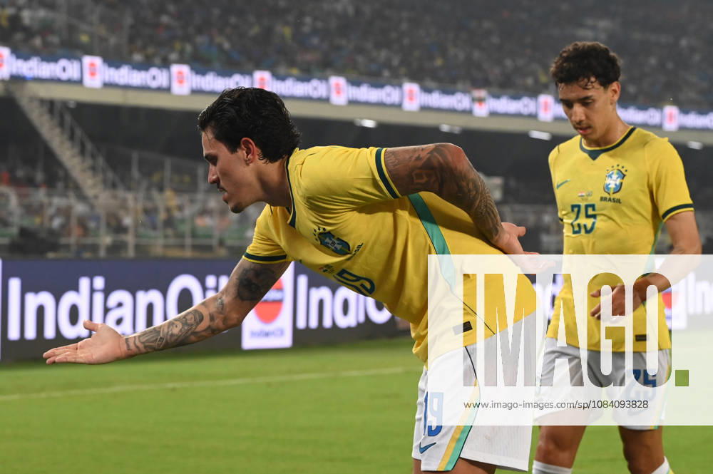 Pedro of Brazil celbraes a goal during FIFA International Friendly, Länderspiel, Nationalmannschaft match against India at Vivekananda Yuva Bharati Stadium on October 3, 2026 in Kolkata, India. (Photo by Samir Jana Hindustan Times ) Kolkata: FIFA International Friendly Match Between Brazil And India At Vivekananda Yuva Bharati Stadium