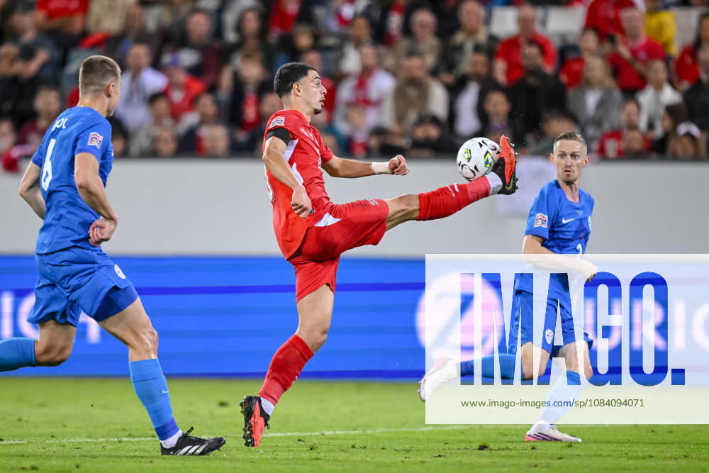 Jaka Bijol (Slovenia), Zeki Amdouni (Switzerland) and Zan Karnicnik (Slovenia) battle for the ball during the UEFA Nations League 2026 27 group phase match between Switzerland and Slovenia at Luzern Arena on October 3, 2026 in Lucerne, Switzerland. (Photo by Harry Langer DeFodi Images) -