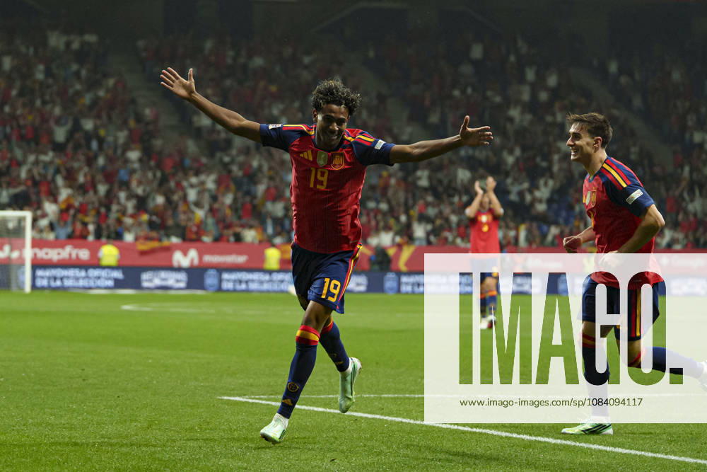 Lamine Yamal seen celebrating after scoring goal during Nations League Division A game between national teams of Spain and Czech Republic (Marta Lopez Ball Raw Images) Oviedo Estadio Carlos Tartiere Spain