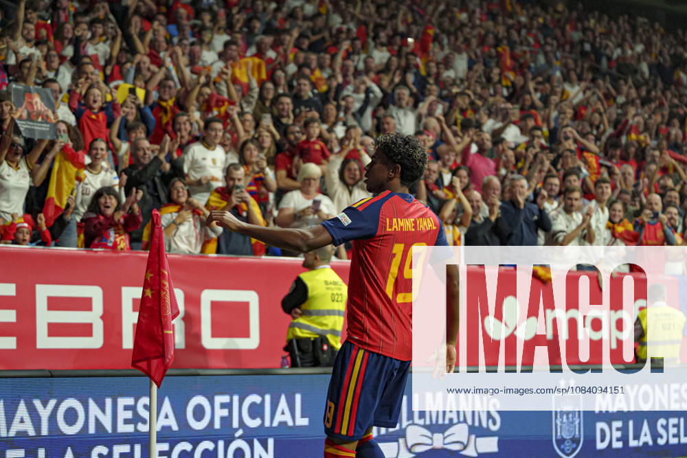 Lamine Yamal seen celebrating after scoring goal during Nations League Division A game between national teams of Spain and Czech Republic (Marta Lopez Ball Raw Images) Oviedo Estadio Carlos Tartiere Spain