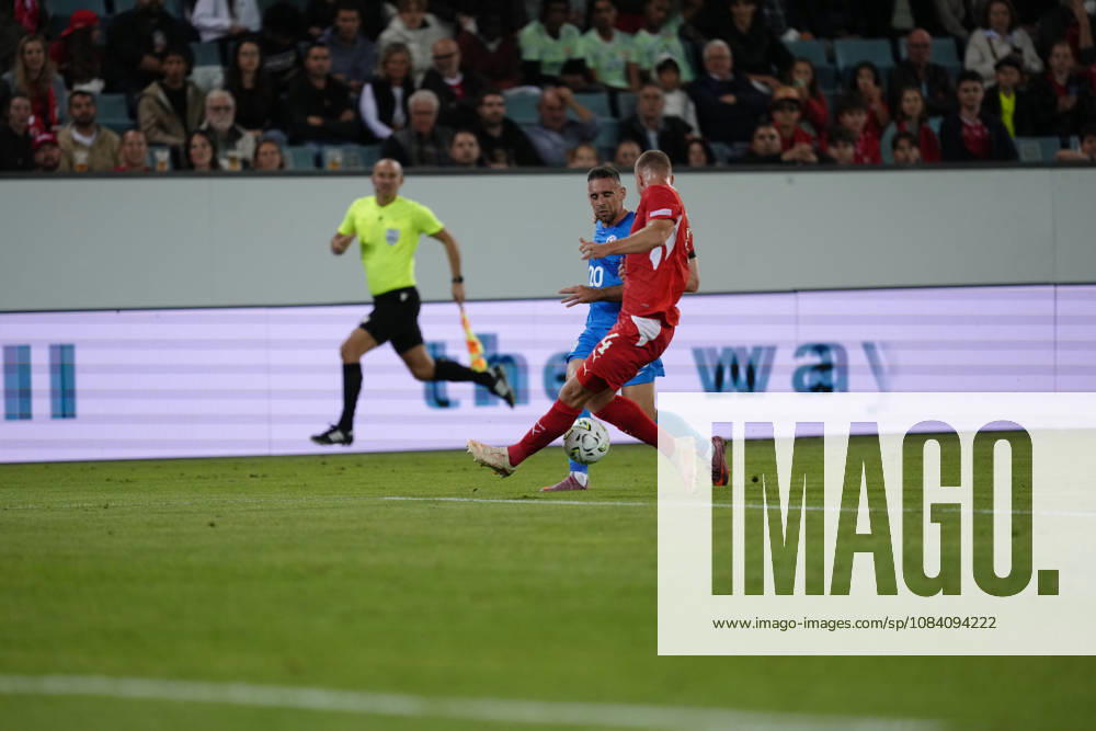 Aljosa Matko (20 SLO) against Nico Elvedi (4 SUI) during the UEFA Nations League match between Switzerland and Slovenia at thermoplan arena on October 03, 2026 in Luzern, Switzerland.