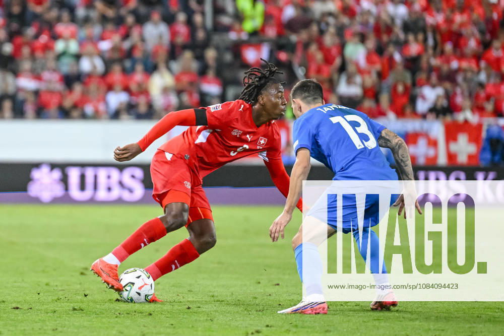 Johan Manzambi (Switzerland) and Erik Janza (Slovenia) battle for the ball during the UEFA Nations League 2026 27 group phase match between Switzerland and Slovenia at Luzern Arena on October 3, 2026 in Lucerne, Switzerland. (Photo by Harry Langer DeFodi Images) -