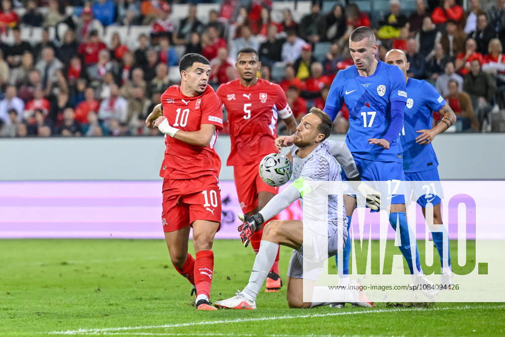 Zeki Amdouni (Switzerland) and goalkeeper Jan Oblak (Slovenia) battle for the ball during the UEFA Nations League 2026 27 group phase match between Switzerland and Slovenia at Luzern Arena on October 3, 2026 in Lucerne, Switzerland. (Photo by Harry Langer DeFodi Images) -