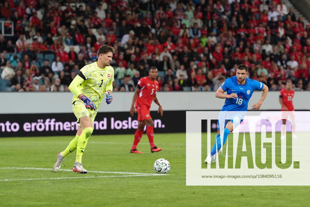 Zan Vipotnik (18 SLO) against Goalkeeper Gregor Kobel (1 SUI) during the UEFA Nations League match between Switzerland and Slovenia at thermoplan arena on October 03, 2026 in Luzern, Switzerland.