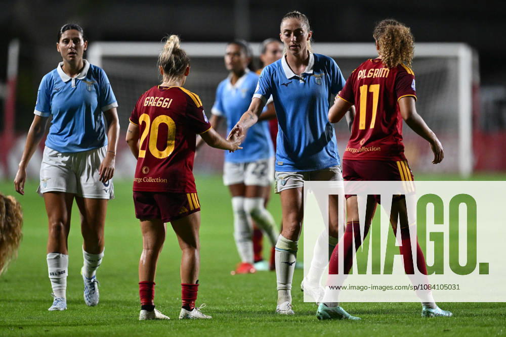 SOCCER - Women s Serie A - AS Roma vs. SS Lazio Women Photo by IPA ABACAPRESS.COM89273247 - Carlotta Masu of S.S. Lazio Women, Giada Greggi of A.S. Roma Femminile, Martina Zanoli of S.S. Lazio Women, and Alayah Pilgrim of A.S. Roma Femminile at the end of the Serie A Women Athora match, Match Day 2, between A.S. Roma and S.S. Lazio Women, at the Tre Fontane Stadium on October 3, 2026, in Rome, Italy. Rome Italy