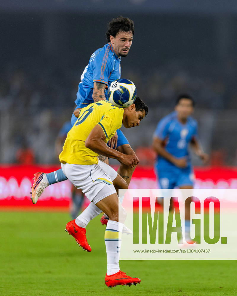 Ryan Williams of India and Douglas dos Santos Justino de Melo of Brazil duel for the ball during friendly match between India and Brazil at the Vivekananda Yuba Bharati Krirangan (VYBK) Stadium in Kolkata, India on 3rd October, 2026
