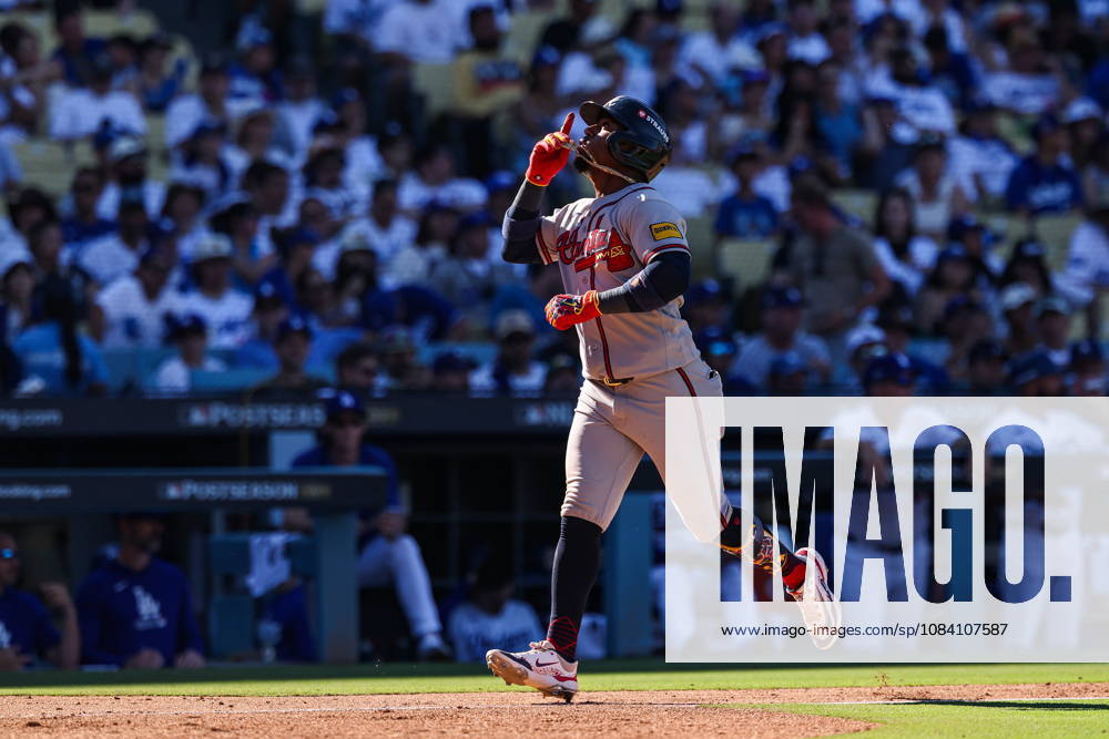 MLB, Baseball Herren, USA National League Division Series - Dodgers vs Braves Game 1 Atlanta Braves second baseman Ozzie Albies celebrates after hitting a two-run home run during the ninth inning in Game 1 of the National League Division Series between the Atlanta Braves and the Los Angeles Dodgers at UNIQLO Field at Dodger Stadium in Los Angeles, California, USA, 03 October 2026. LOS ANGELES CALIFORNIA UNITED STATES