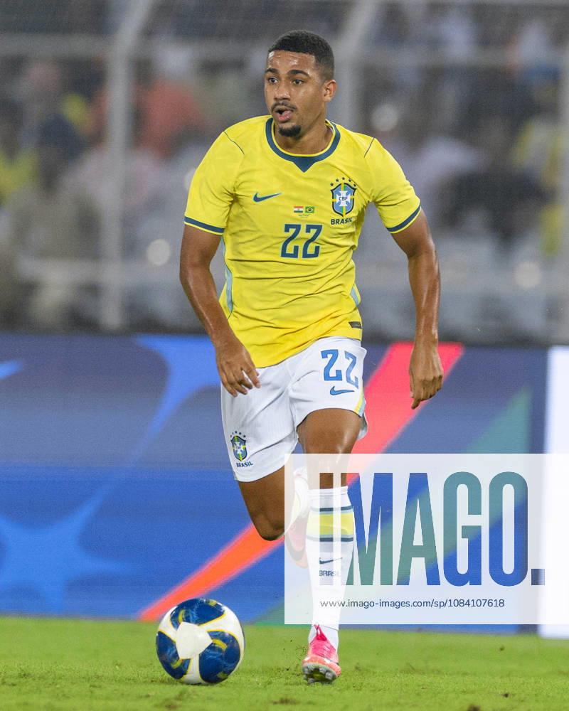Samuel Dias Lino of Brazil controls the ball during friendly match between India and Brazil at the Vivekananda Yuba Bharati Krirangan (VYBK) Stadium in Kolkata, India on 3rd October, 2026
