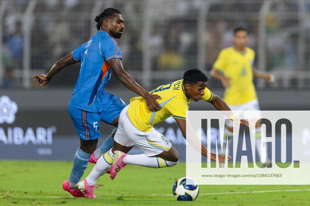 Bijoy Varghese of India and Endrick Felipe Moreira de Sousa of Brazil duel for the ball during friendly match between India and Brazil at the Vivekananda Yuba Bharati Krirangan (VYBK) Stadium in Kolkata, India on 3rd October, 2026