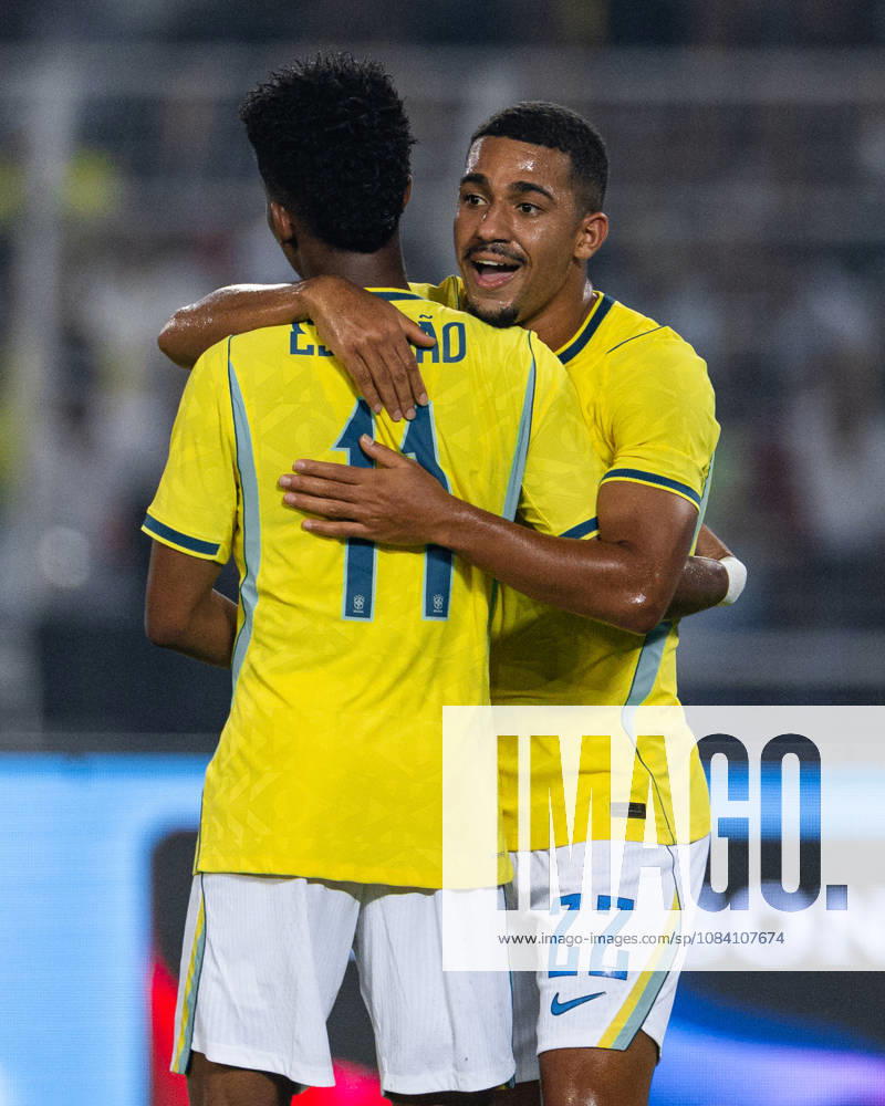 Samuel Dias Lino of Brazil and Estevao Willian Almeida de Oliveira Goncalves of Brazil are seen during friendly match between India and Brazil at the Vivekananda Yuba Bharati Krirangan (VYBK) Stadium in Kolkata, India on 3rd October, 2026