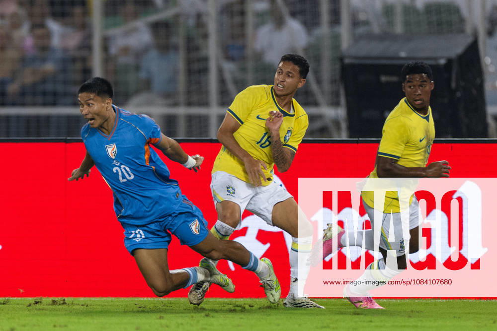 Hmingthanmawia Ralte of India, Mauro Jaqueson Junior Ferreira dos Santos of Brazil duel for the ball during friendly match between India and Brazil at the Vivekananda Yuba Bharati Krirangan (VYBK) Stadium in Kolkata, India on 3rd October, 2026