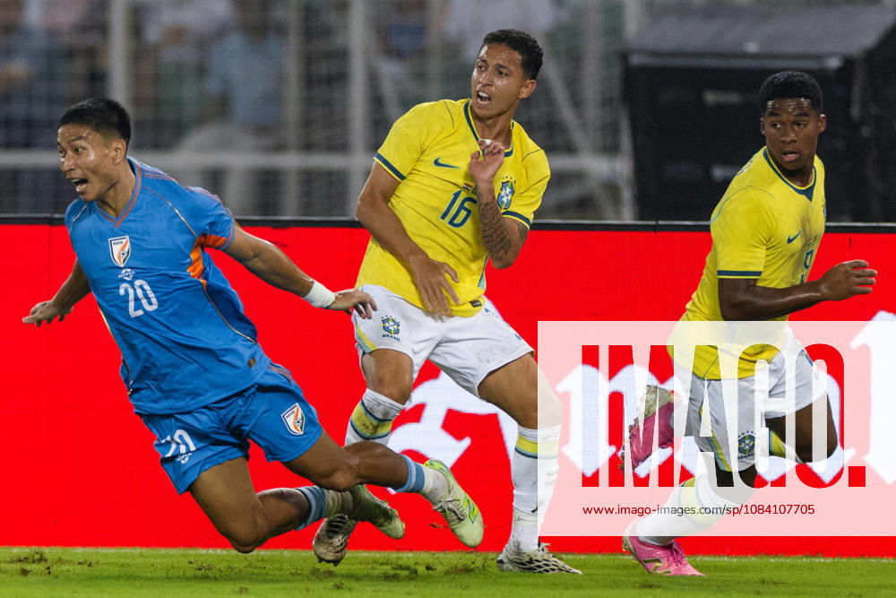 Hmingthanmawia Ralte of India, Mauro Jaqueson Junior Ferreira dos Santos of Brazil duel for the ball during friendly match between India and Brazil at the Vivekananda Yuba Bharati Krirangan (VYBK) Stadium in Kolkata, India on 3rd October, 2026