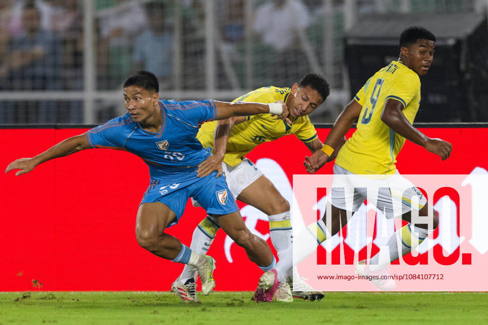Hmingthanmawia Ralte of India, Mauro Jaqueson Junior Ferreira dos Santos of Brazil duel for the ball during friendly match between India and Brazil at the Vivekananda Yuba Bharati Krirangan (VYBK) Stadium in Kolkata, India on 3rd October, 2026