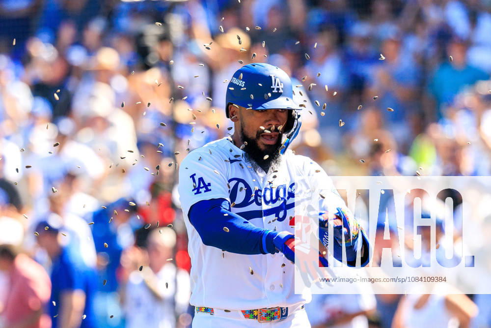 Teoscar Hernandez 37 of the Los Angeles Dodgers is congratulated with sunflower seeds after hitting a two-run home run in the fourth inning during a NLDS Game 1 against the Atlanta Braves on Saturday October 3, 2026 at Dodger Stadium in Los Angeles, California. JAVIER ROJAS PI Los Angeles USA - ZUMAp124 20261003_zaa_p124_008