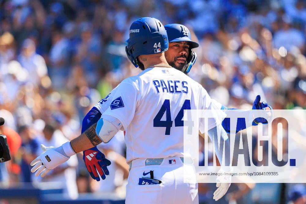 Teoscar Hernandez 37 of the Los Angeles Dodgers is congratulated by Andy Pages 44 after hitting a two-run home run in the fourth inning during a NLDS Game 1 against the Atlanta Braves on Saturday October 3, 2026 at Dodger Stadium in Los Angeles, California. JAVIER ROJAS PI Los Angeles USA - ZUMAp124 20261003_zaa_p124_009