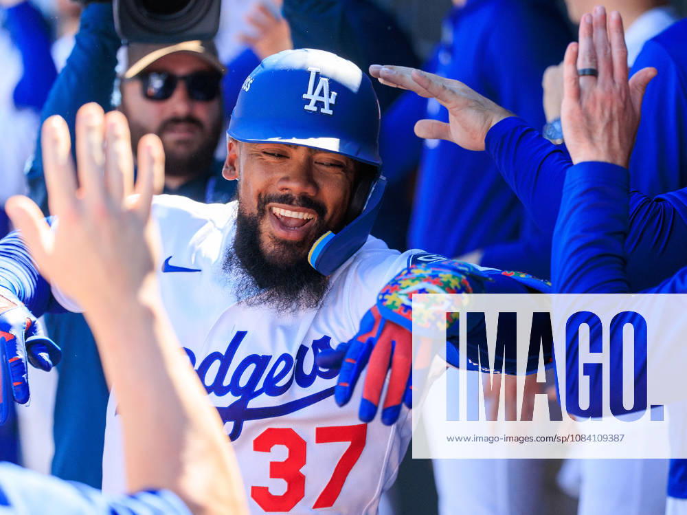Teoscar Hernandez 37 of the Los Angeles Dodgers is congratulated in the dugout after hitting a two-run home run in the fourth inning during a NLDS Game 1 against the Atlanta Braves on Saturday October 3, 2026 at Dodger Stadium in Los Angeles, California. JAVIER ROJAS PI Los Angeles USA - ZUMAp124 20261003_zaa_p124_011